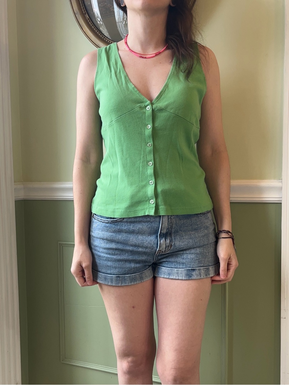 Y2K green button down v neck tank top